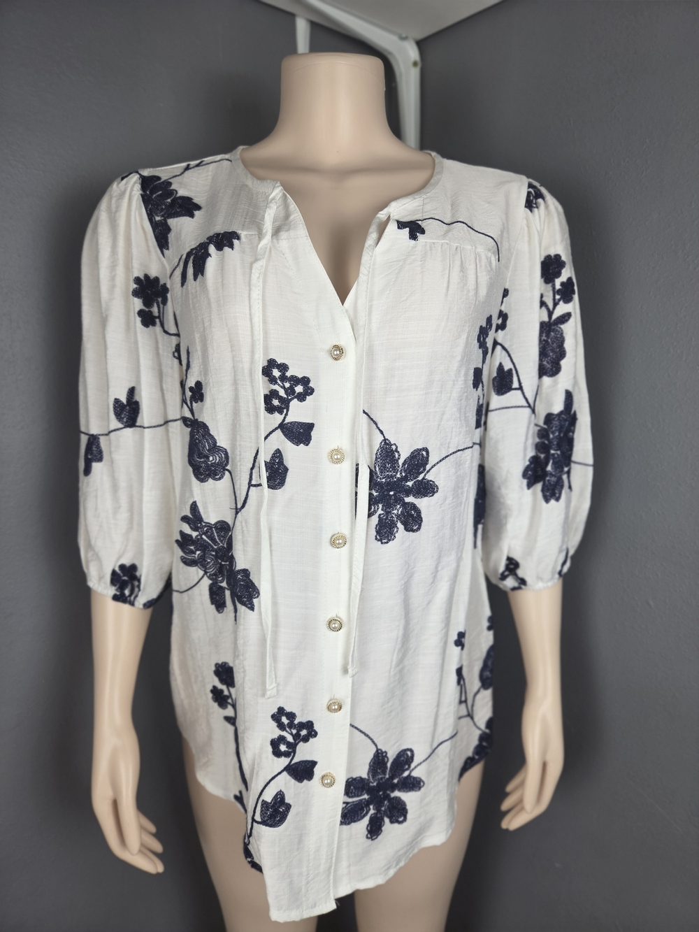White Button-Front Women's Shirt with Navy Floral Embroidery